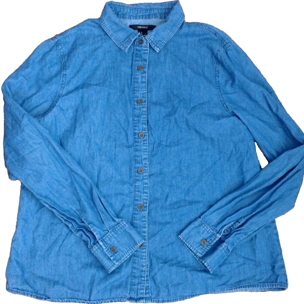 BLUE CHAMBRAY DENIM LONG SLEEVE BUTTON UP SHIRT WOMENS S 38.5"x24" FOREVER 21